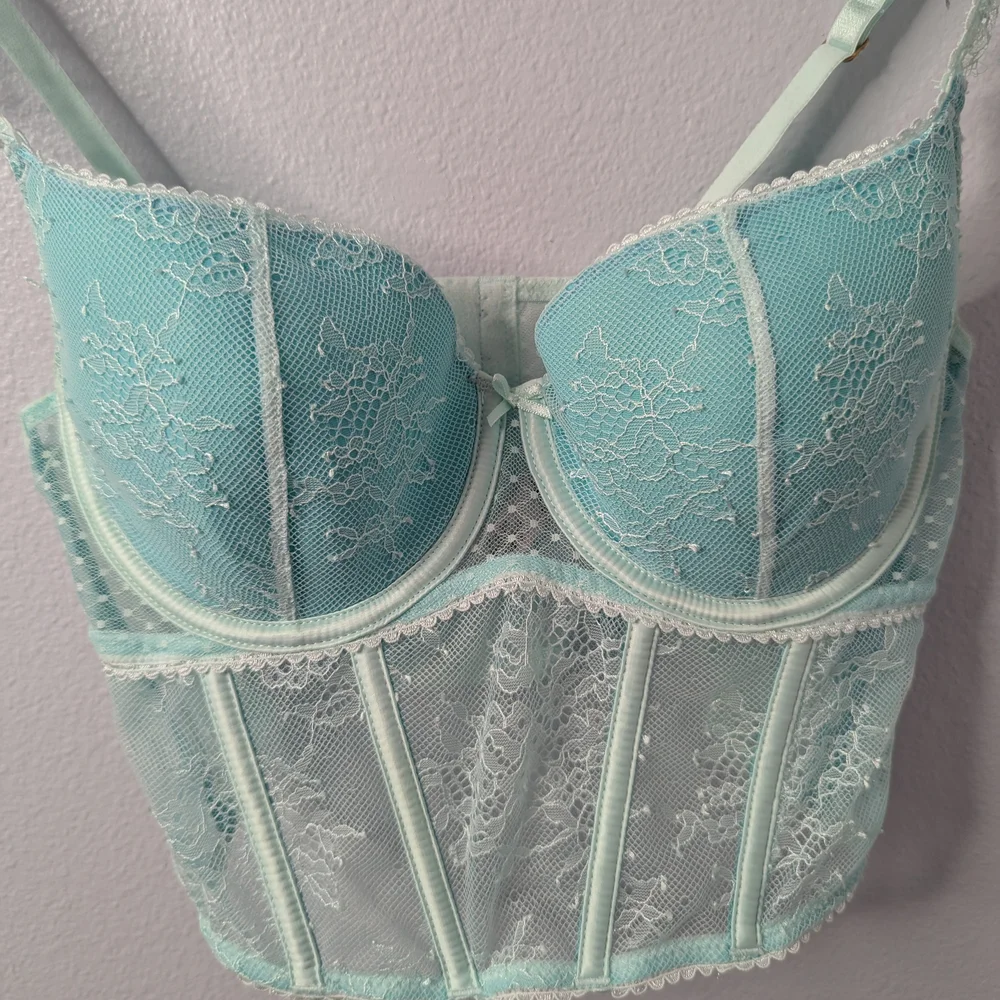 Teal Lace Bustier Corset Top, Size M | Underwire, Sheer Mesh, Y2K‎